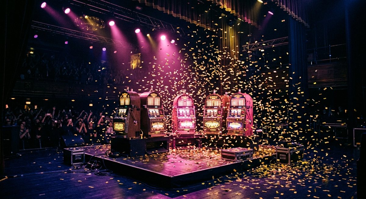 Panggung hiburan dengan kabinet mesin slot vintage di bawah lampu sorot merah muda dan hujan konfeti tiket emas