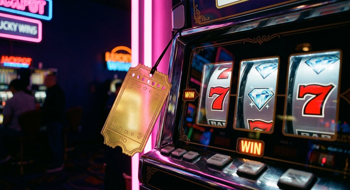 Label harga berbentuk tiket lotere emas di samping gulungan mesin slot dengan simbol tujuh dan diamond di bawah cahaya neon merah muda