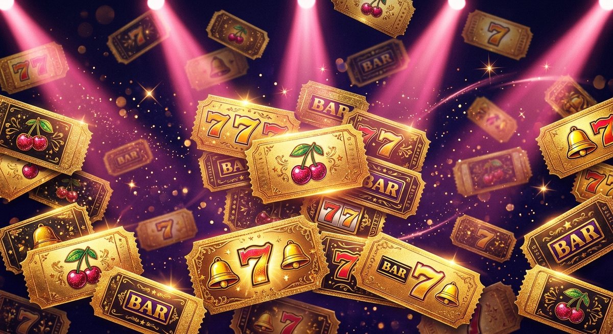 Kolase tiket sorotan emas dengan simbol slot ceri, tujuh, bel, dan BAR di bawah lampu sorot merah muda pada latar indigo gelap