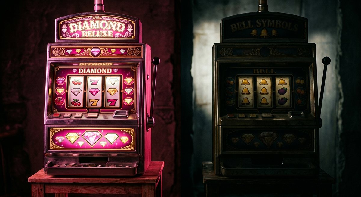 Dua mesin slot vintage berdampingan, yang satu menyala terang merah muda dengan simbol diamond, yang satu redup di bayangan dengan simbol bel