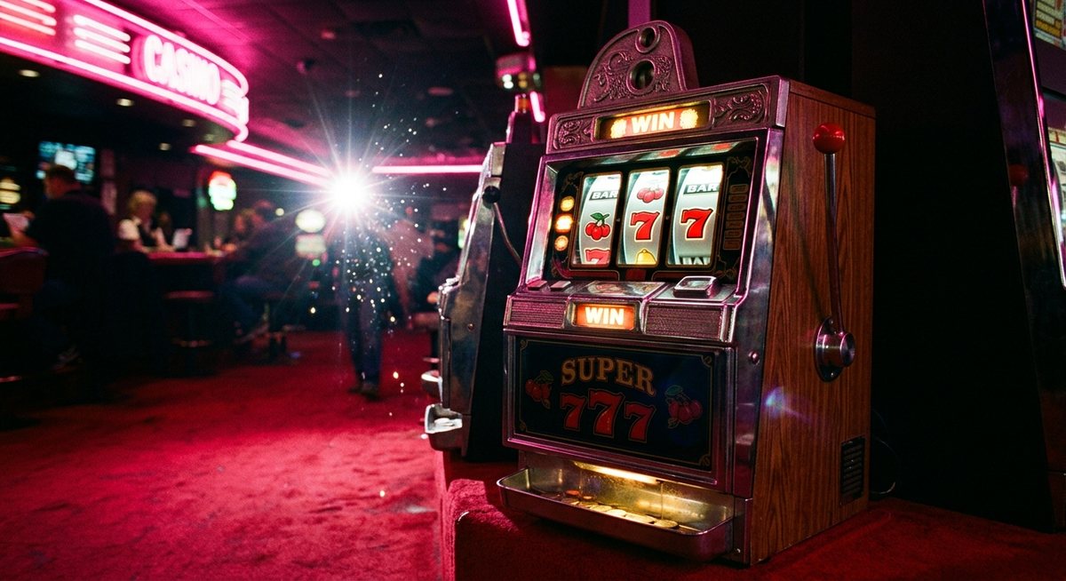 Kabinet mesin slot vintage di atas karpet merah dengan kilatan lampu kamera dan simbol ceri serta tujuh menyala