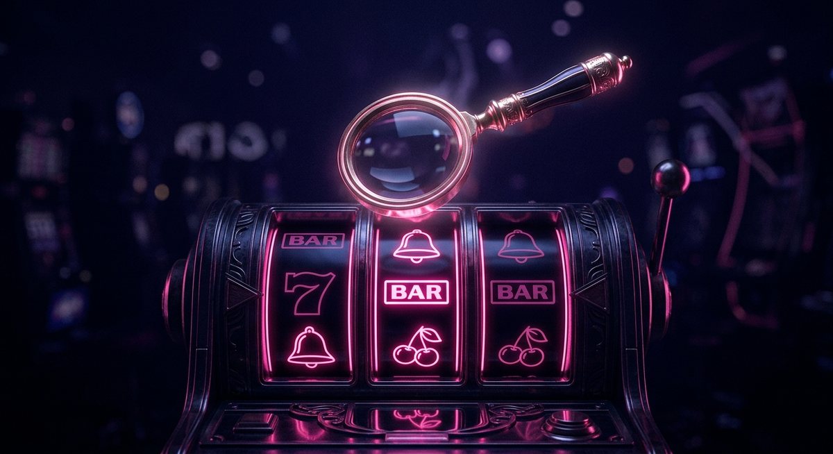 Kaca pembesar melayang di atas gulungan mesin slot dengan simbol bel, BAR, dan ceri bercahaya neon merah muda